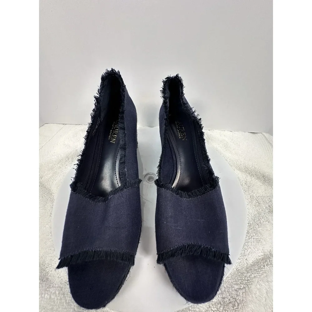 Ralph Lauren Linen Peep Toe Navy Blue Espadrilles Wedge Womens Sz 9‎ French chic